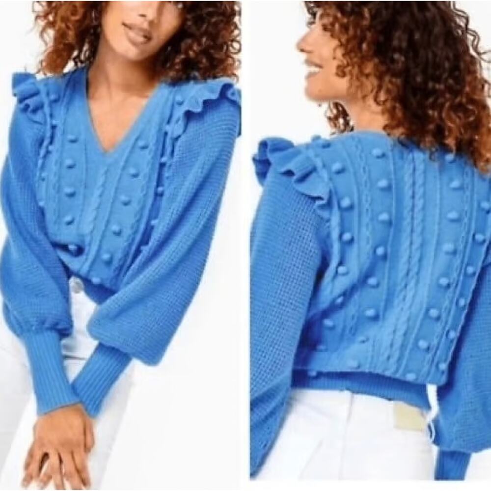 Lilly Pulitzer Greta V-Neck Pom Pom Cable Knit Sweater Blue Thistle Size Large